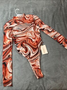 NWT SHEIN BAE Orange Swirl Cutout Long Sleeve MESH Bodysuit SZ S 🧡🤎